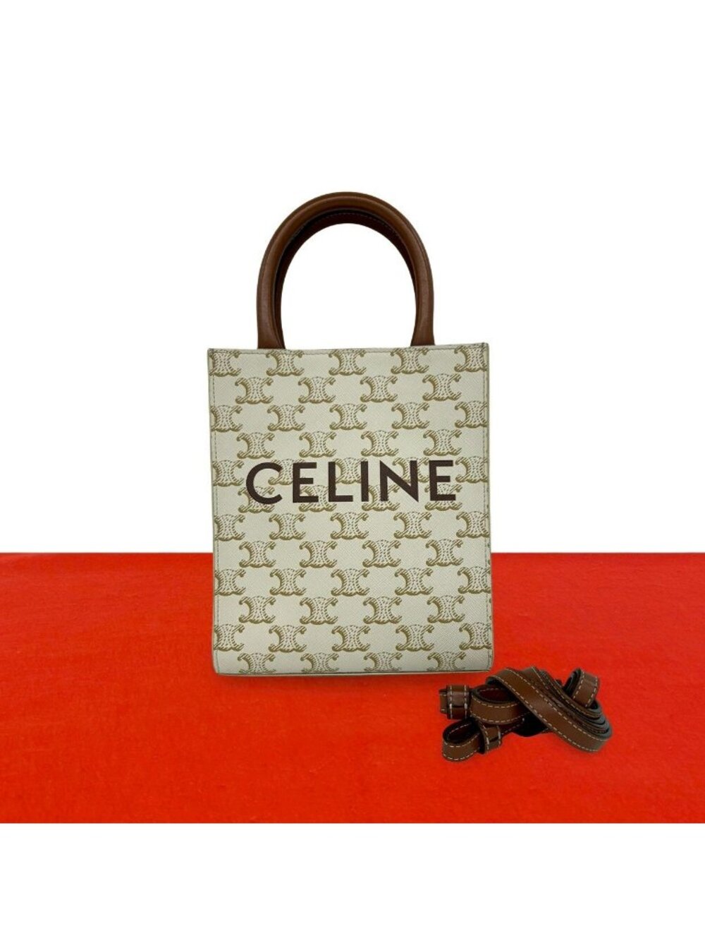 Celine Mini Vertical Cabas Leather 2-Way Shoulder Bag Mini Tote White Brown